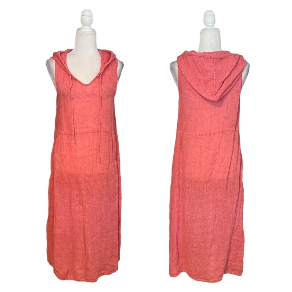 Flax 100% Linen Pink Hooded Sleeveless Midi Dress Small